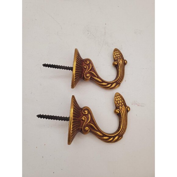 Pair of 2 Vintage Gold solid brass Hook Or Curtain Tie Back Wall Mounted Hook - Picture 1 of 10